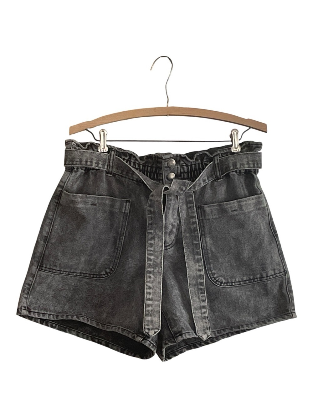 High-Rise Washed Black Tie-Belt Denim Shorts Size 29